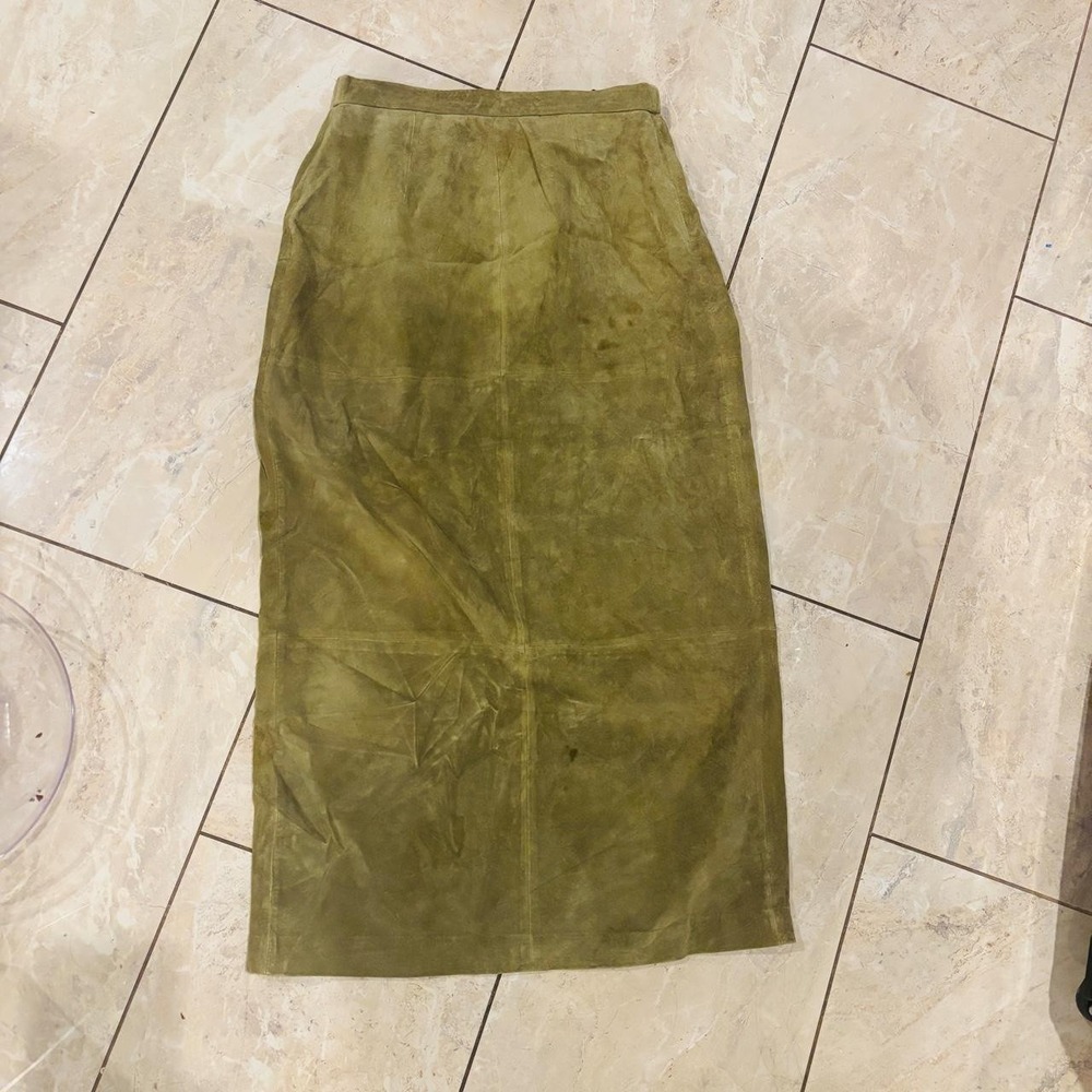 Terry Lewis Vintage 90s Y2K Olive Green Genuine Leather Midi Skirt Size 10